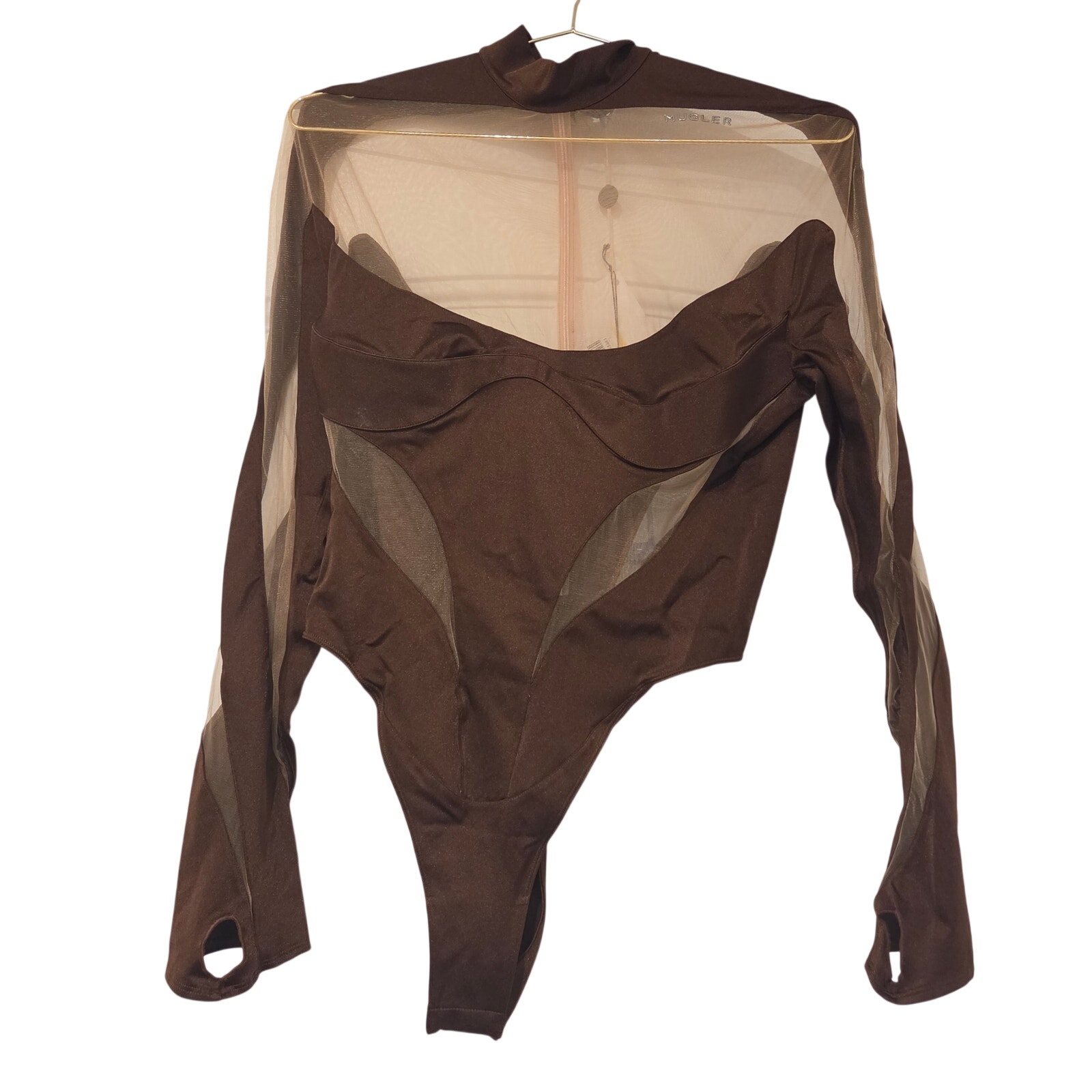 Mugler Brown Illusion Neckline Mesh Cutout Bodysuit Size 12 — image 4 of 8
